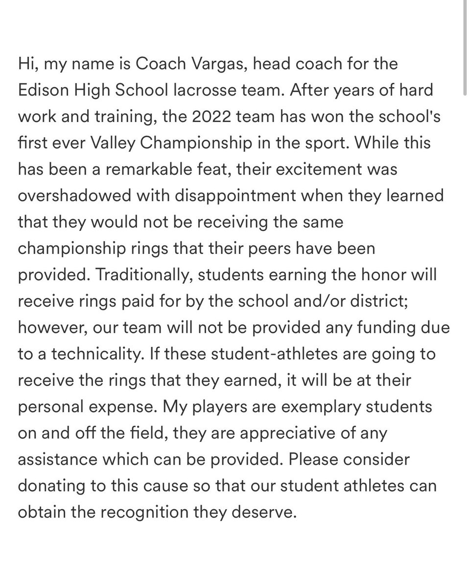 ehs__lacrosse's tweet photo. PLEASE READ AND SHARE‼️

If you are able to donate to help us raise money for valley championship rings, it would be greatly appreciated. Thank you for your support!
https://t.co/hxsRDzmz9f https://t.co/UDiALLvz40