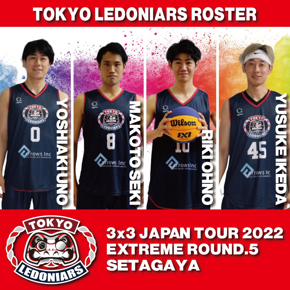 TOKYO_LEDONIARS's tweet photo. 【大会情報】
3x3 JAPAN TOUR 2022 EXTREME ROUND 5
📅 2022年6月25日
🏀ロスター
#0 宇野善昭
#8 関真
#10 大野力
#45 池田裕介
15:20~ vs 日本橋ウェルスマネジメント
16:20~ vs SIMON
17:00or17:20~ SEMI FINAL
17:55~ FINAL
※本ラウンドは無観客、LIVE配信はございません。
#ledoniars
#3x3 https://t.co/4YHFairYOi
