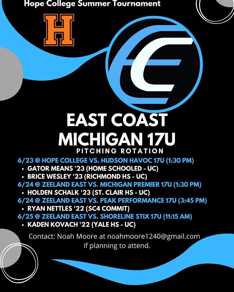 East Coast Michigan ⚾️ (@ecmbaseball) on Twitter photo ECM Weekend Rotation for the <a href="/HopeCollegeBSB/">Hope Baseball</a> event this week. <a href="/j_new45/">Jonathan Newman</a> ECM Weekend Rotation for the <a href="/HopeCollegeBSB/">Hope Baseball</a> event this week. <a href="/j_new45/">Jonathan Newman</a>