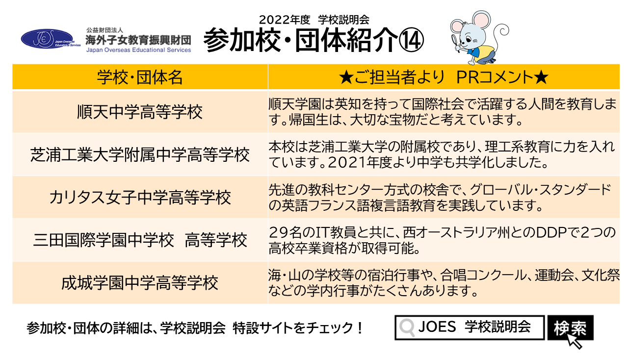 22年度 帰国生のための学校説明会 公式アカウント 海外子女教育振興財団 参加校 団体紹介 本日はこちらの５校をご紹介 帰国生 の皆さんに向けたprコメントは必見です 気になる学校 団体は 特設サイトをチェック 順天中学高等学校