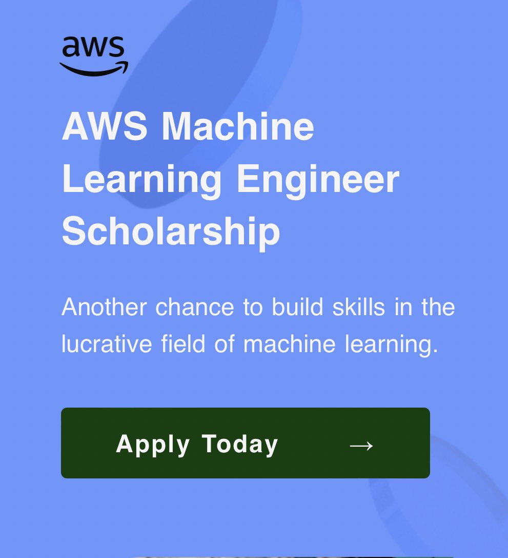 AWS Machine Learning Engineer Scholarship

✨Apply before July 21

✨ Take the FREE AWS ML Foundations Course &amp; pass the assessment by Nov 23

✨ Be one of the top 325 scorers to earn a scholarship for the AWS ML Engineer Nanodegree program on <a href="/udacity/">Udacity</a>

udacity.com/scholarships/a…