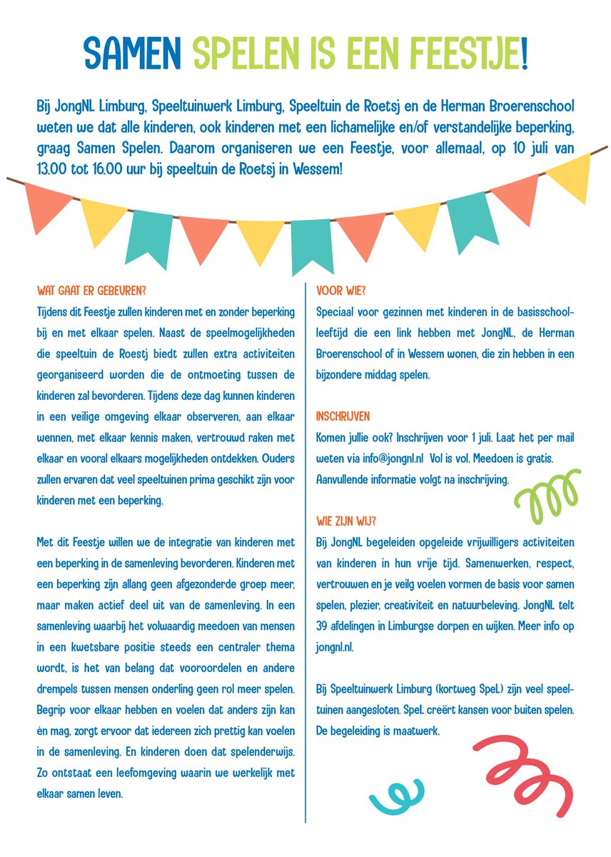 10 juli organiseren wij samen met @Speeltuinwerk en de Herman Broerenschool een inclusief SamenSpeelFeest voor ALLE kinderen bij Speeltuin de Roetsj in Wessem.
IEDEREEN is welkom, kom je ook? 
<a href="/limburg/">Provincie Limburg</a> <a href="/ProvincieLB/">Limburg</a> #samenspelen #samenspelenisleuker #inclusief #vooriedereen