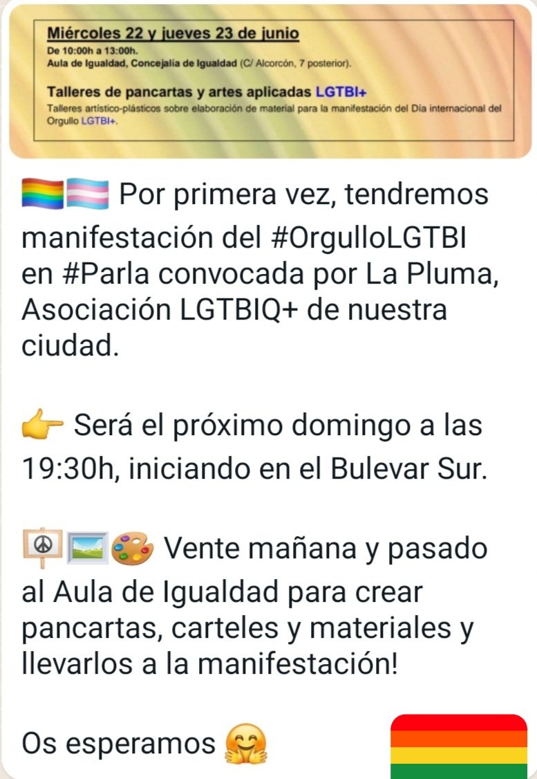 Montu_Diverso's tweet photo. ¡Pásate esta mañana por el Aula de Igualdad para preparar las pancartas y carteles para la mani del domingo, ¡va a ser histórica! ¡Primera mani del #OrgulloLGTBI en Parla! 💪🏳️🌈🏳️⚧️
#HazteVisible #ParlaOrgullosa #OrgulloEnComunidad #Parla #RedArcoirisParla #RedArcoiris https://t.co/QktfTgEaxv