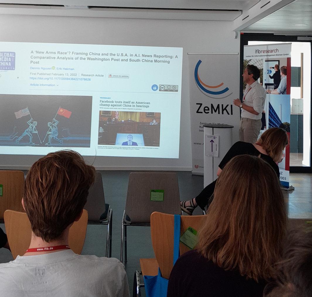 Day 2 #DataPower22 in Bremen starts with the panel Discourses on Data Power, kicked off by our <a href="/DennisNguyenPhD/">Dennis Nguyen</a> with a talk on AI &amp; News Framing.