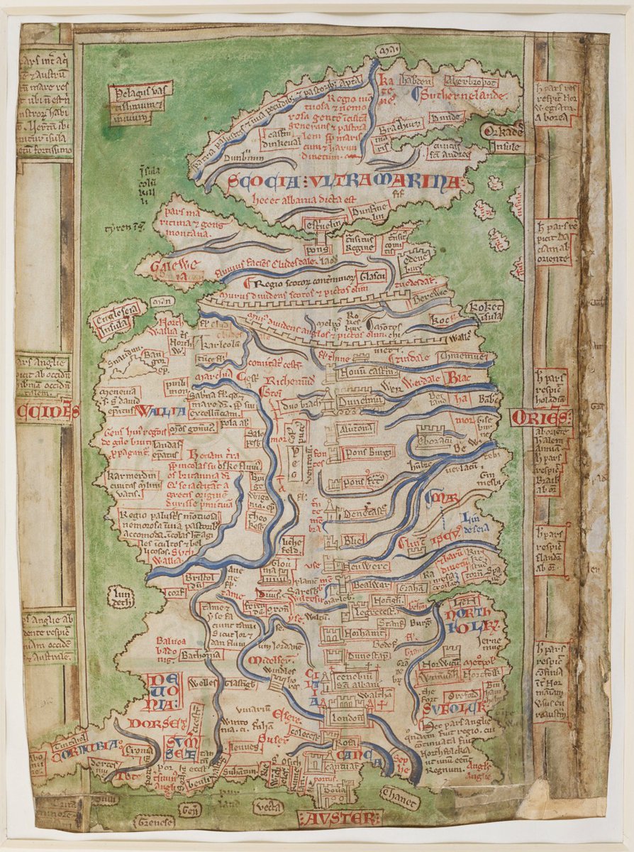 BLMedieval's tweet photo. An early map of Britain. Scotland is joined to the mainland by a bridge at Stirling, Canterbury can be traced in a straight line via Peterborough to Newcastle, along the route of the East Coast mainline, and Mount Snowdon is represented by a sandcastle.
https://t.co/TTgsA4Ikun https://t.co/Y29DMeK6kt