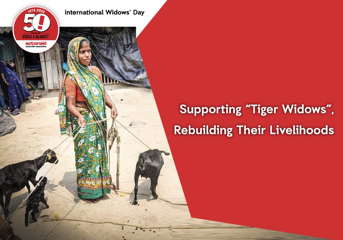 ActionAidIndia's tweet photo. Taru Mandal, a“Tiger Widow”,is mother to two daughters &amp; a son who has a heart disease. The meagre amount she earns out of fishing in Sundarbans after risking her life is insufficient to meet the household needs. To add to her income,we've given her 4 goats for rearing #WidowsDay https://t.co/44RnqBCeDZ