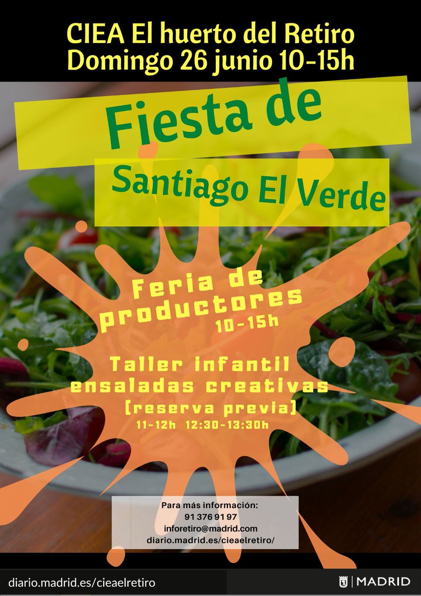 👏 Este domingo 26 de junio volvemos al maravilloso mercado del CIEA El Huerto del Retiro, en pleno centro de Madrid, celebrando la Fiesta de Santiago el Verde 🌿

CIEA Huerto del Retiro
Avenida de Alfonso XII
Madrid, 28014 España 
Entrada Puerta del Ángel Caído
De 10h a 15h