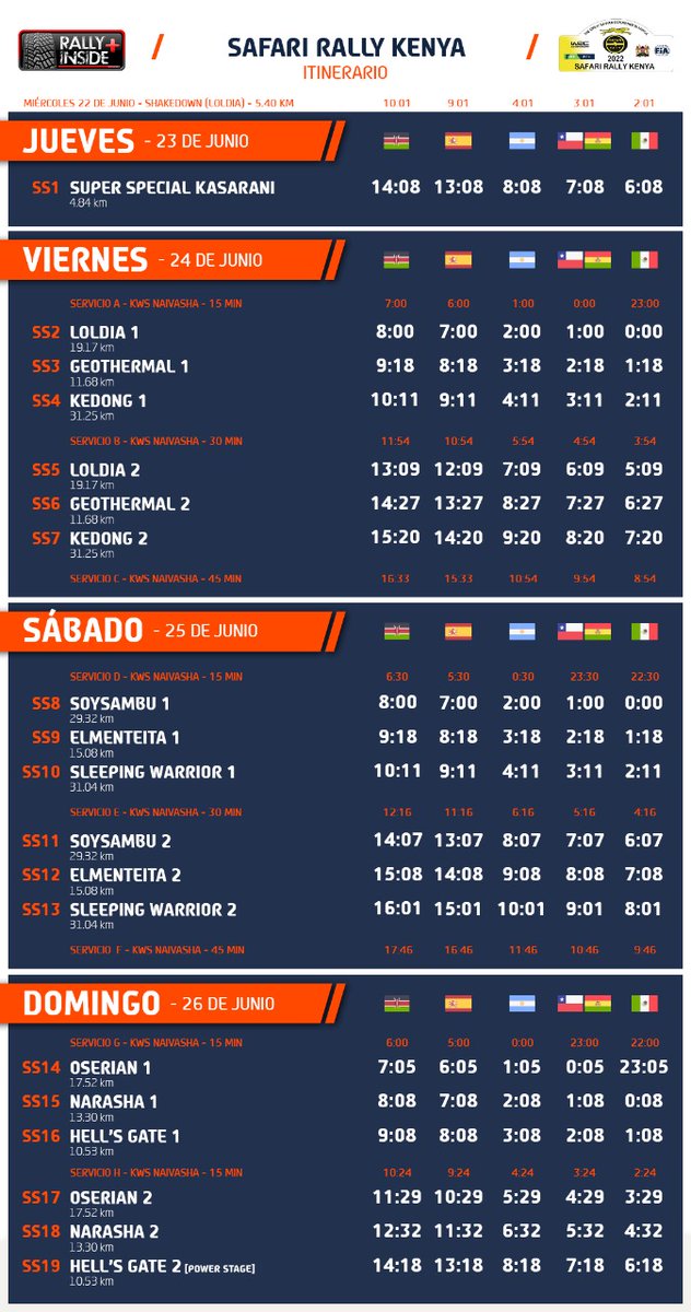 #WRCenEspañol | HORARIOS ESPAÑA Y LATINOAMÉRICA para el <a href="/wrcsafarirally/">Safari Rally Kenya</a>. <a href="/OfficialWRC/">FIA World Rally Championship</a>

Via: <a href="/emtngrpx/">Emotion Graphix</a> / <a href="/Rally_Inside/">Rally Inside +</a> 

#WRCLiveEs #WRCLive #SafariRallyKenya #schedule #LatinAmerica #Latinos #España #Argentina #Chile #Bolivia #México #WRC #Rally #RallyFan #RallyInsidePlus