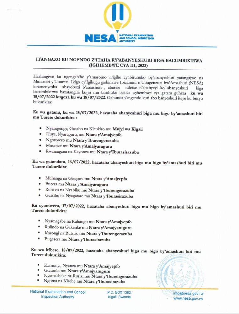 NESA_Rwanda's tweet photo. Itangazo ku ngendo z'abanyeshuri   biga bacumbikirwa bajya mu biruhuko bisoza umwaka w'amashuri  2021/2022 ,@REBRwanda ,@Rwanda_Edu ,@RTB_Rwanda ,@rbarwanda ,@RURA_RWANDA , @Rwandapolice , @BernBahati https://t.co/wUIL7iKB19