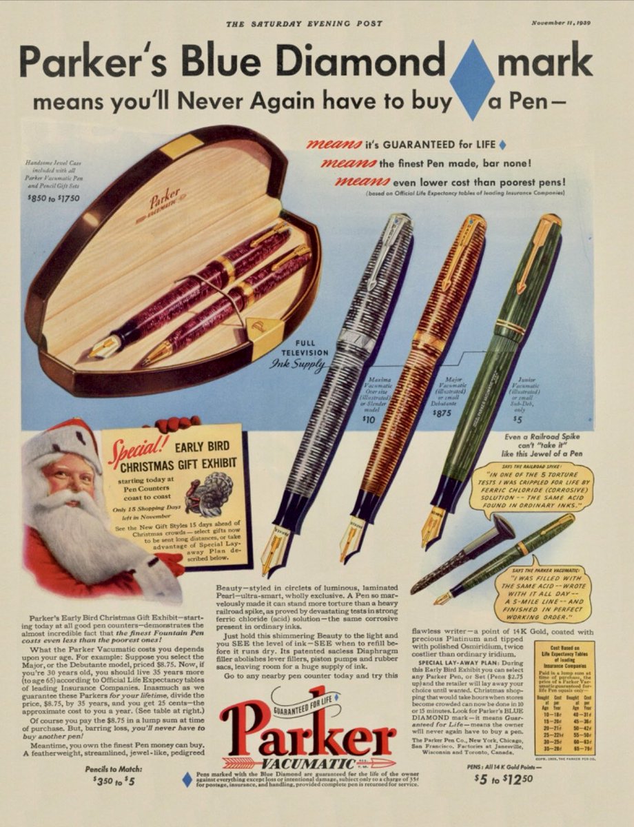 TCtellikursun's tweet photo. 6️⃣1936’da #parker #Vacumatic reklamını🇺🇸da diğer tüm #kalem üreticilerinin bütçesine eşit olacak şekilde planladı ve uyguladı‼️Vacumatic 🖋sağlıklı ve tam olarak doldurulması için dolumda 7 ila 12 kere pompalanması gerekmektedir.🧐 #dolmakalem #fountainpen #yazı #mürekkep #ink https://t.co/A0Pt4IYJYT