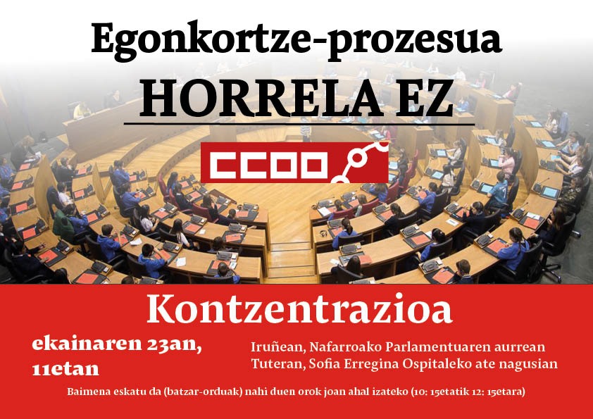 👉Desde CCOO cuestionamos el fondo y las formas del Proceso de estabilización propuesto por el Gobierno de Navarra para los trabajadores de la función pública.

🗣️Por ello, nos manifestamos hoy a las 11h. Instamos al ejecutivo a una negociación seria con los sindicatos.