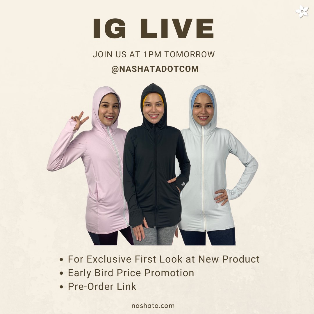 nashatadotcom's tweet photo. We have a new product for you! 🤩
Join us for our IG live at 1pm tomorrow as we reveal our new AIRY SWEATER to you! 😍
#nashata #athleisureeveryday #modestactivewear #newproductalert #nashataexclusive #sweater #preordersweater #earlybirdpromotion https://t.co/QdK2vs5aAC
