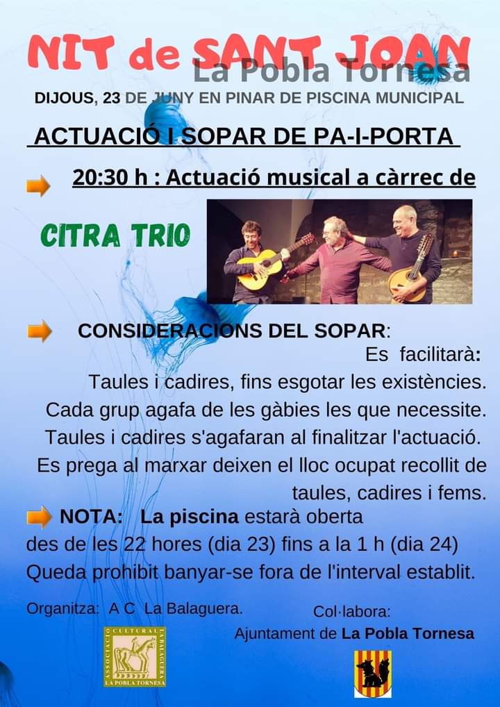 CompanyStas's tweet photo. @focalafeixagi Girona: Kumbara, @SomFetus
@minibusers + DjSistem

2/4 d9hV Citra Trio a la piscina La Pobla Tornesa

10hN Reus parc/festa: @31FAM_
@mosaic_oficial

2/4 d'11hN #ElsCundits i+ BCN c/Calàbria

Cercavila, danses, a les 2/4 d'1hN @latrocamba a la platja de Bellreguard https://t.co/zw8RLwFa5a