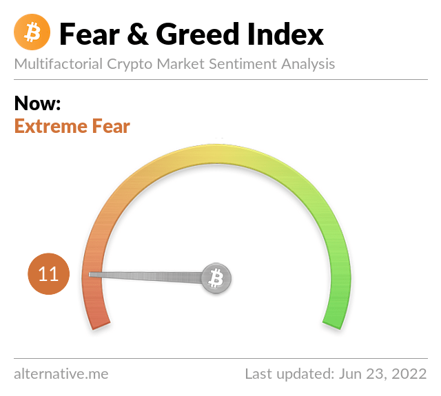 Bitcoin Fear and Greed Index is 11 — Extreme Fear
Current price: $20,497