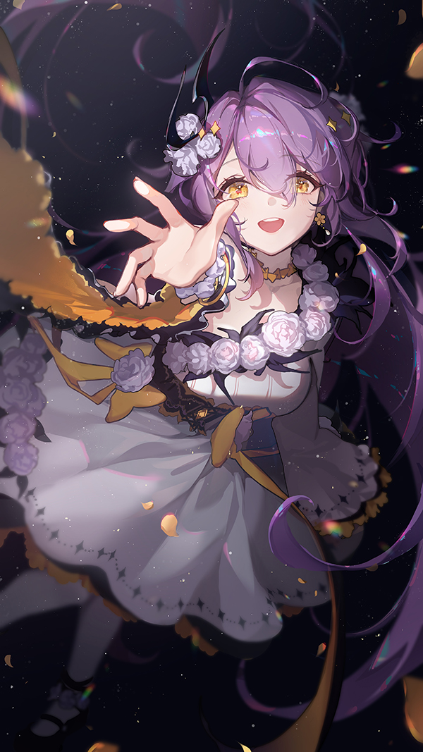 1girl solo dress purple hair long hair yellow eyes flower  illustration images