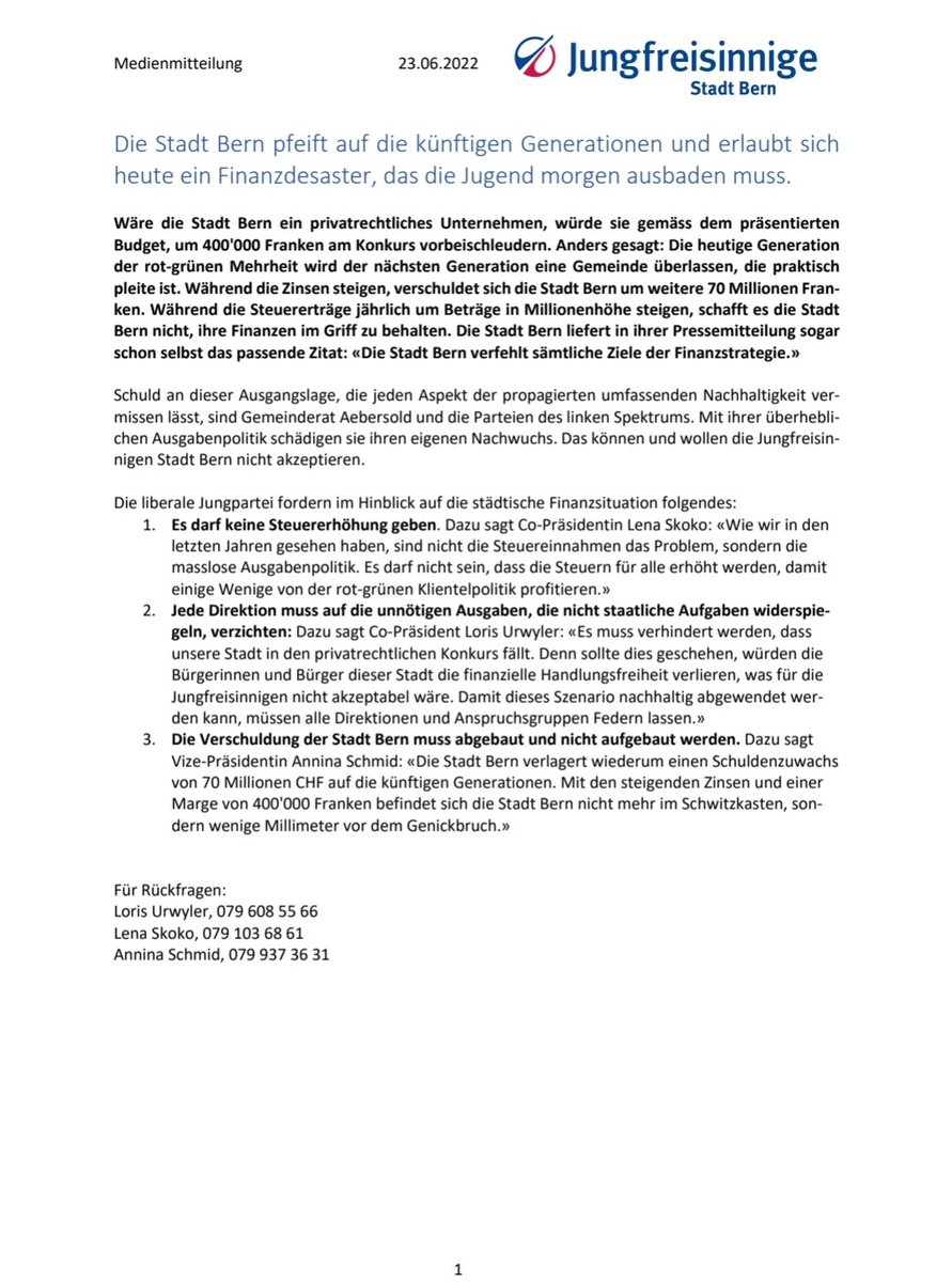 Folgende Medienmitteilung zu den städtischen Finanzen wurde gerade veröffentlicht.
<a href="/fdp_stadtbern/">FDP Stadt Bern</a> <a href="/JungfreisinnBE/">Jungfreisinnige Bern</a>