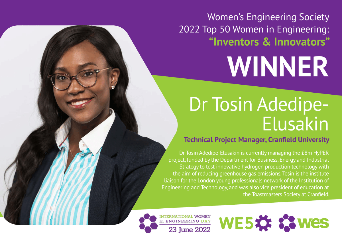 WES1919's tweet photo. Our next #WE50 winner is revealed... Congratulaions Dr Tosin Adedipe Elusakin! @CranfieldUni https://t.co/VhlRwTWVFX