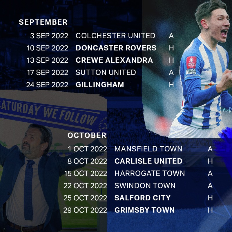Official_HUFC's tweet photo. 𝟮𝟬𝟮𝟮/𝟮𝟯 x #HUFC

The full fixture list is now available! We will play our first home time against @AFCWimbledon on August 6th 🏟 

Swipe along to see the rest of our 22/23 schedule 👉 

#BePartOfThePicture