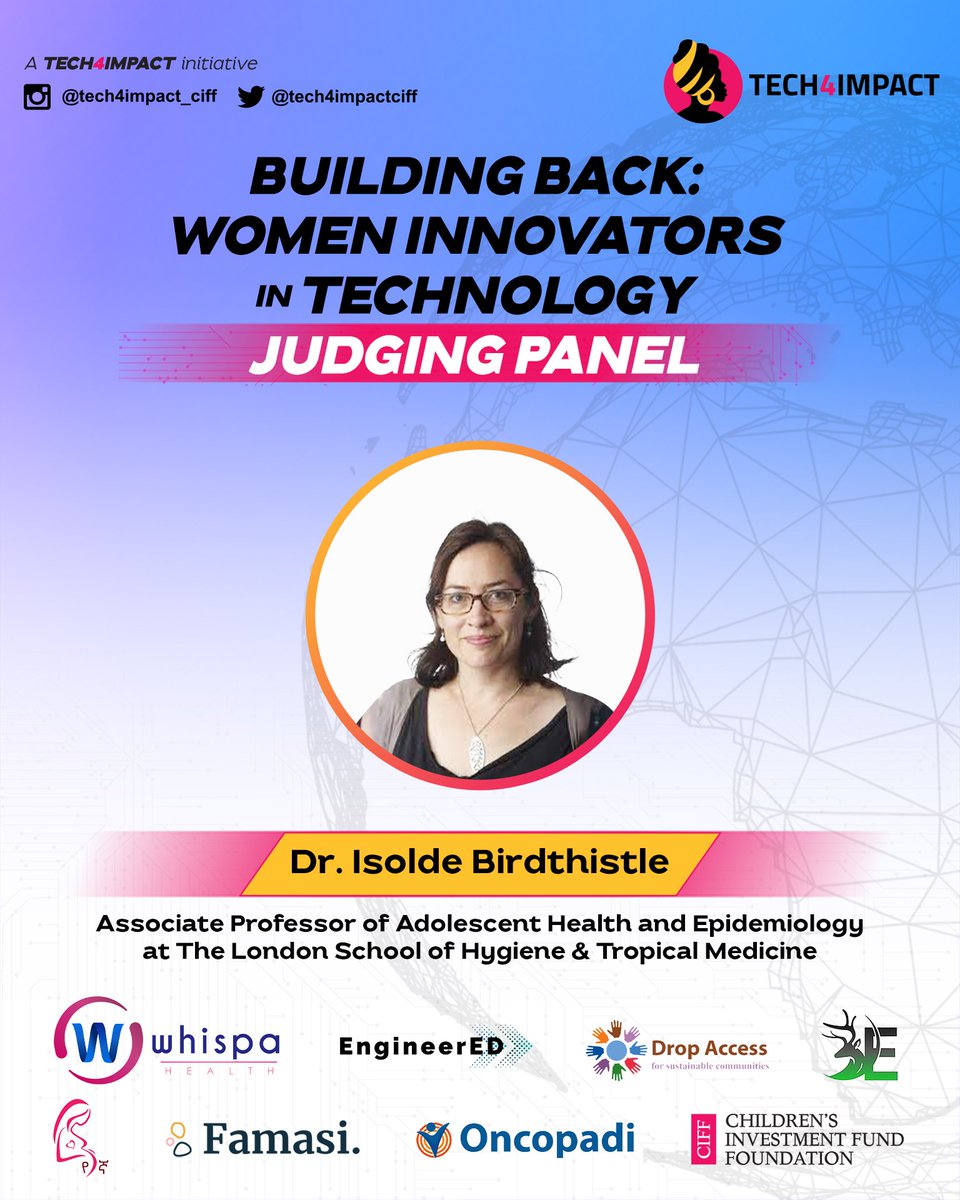 Tech4impactCIFF's tweet photo. Meet one of our Judges for the upcoming Pitch Competition, Dr. Isolde Birdthistle, Associate Professor of Adolescent Health and Epidemiology at The London School of Hygiene &amp; Tropical Medicine.

The Pitch Competition will be happening tomorrow, 24th June 2022. https://t.co/6pxsD45j0q