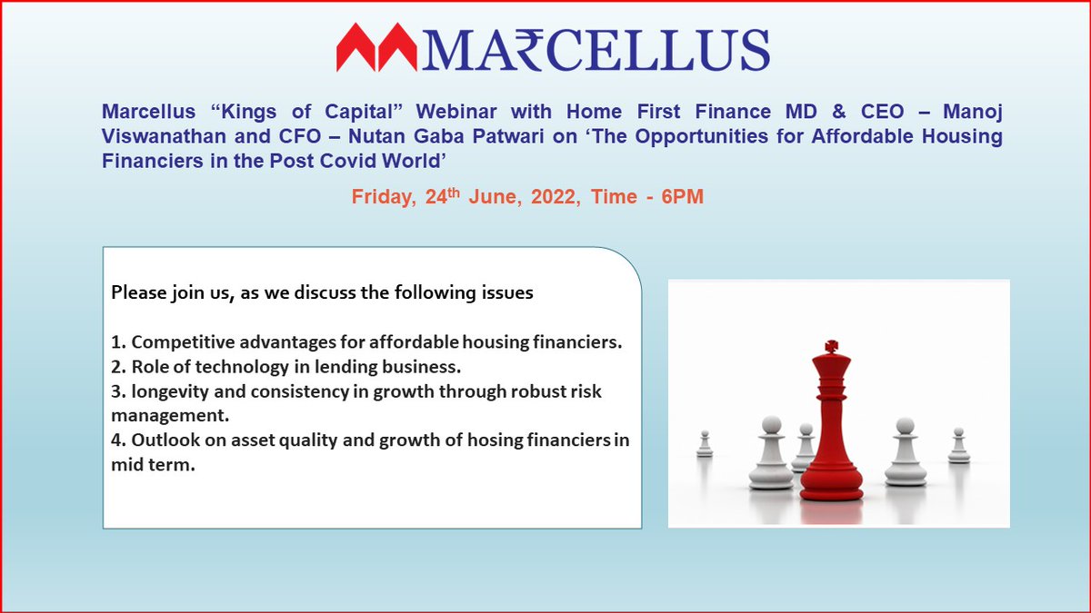 Join us on 24th June 2022 - 6 PM IST, for a discussion on housing finance industry and the opportunities that lie ahead with Manoj Viswanathan and Nutan Gaba Patwari.
Registration Link - 
us06web.zoom.us/webinar/regist…
