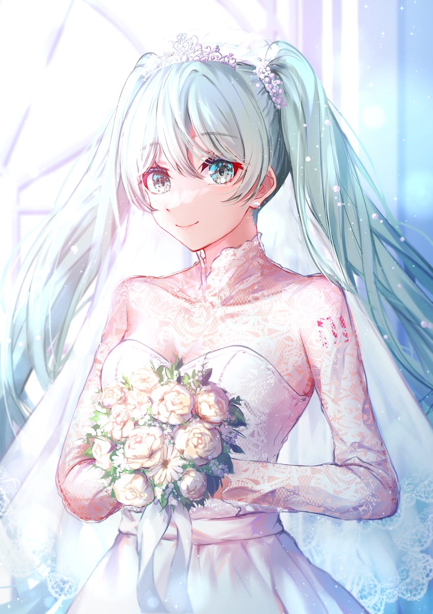 hatsune miku 1girl solo dress wedding dress twintails flower bouquet  illustration images