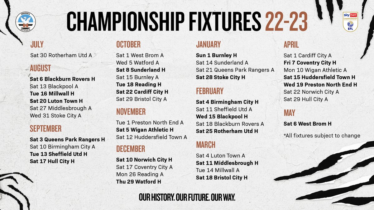 Swansea City fixture release, Championship 2022-23