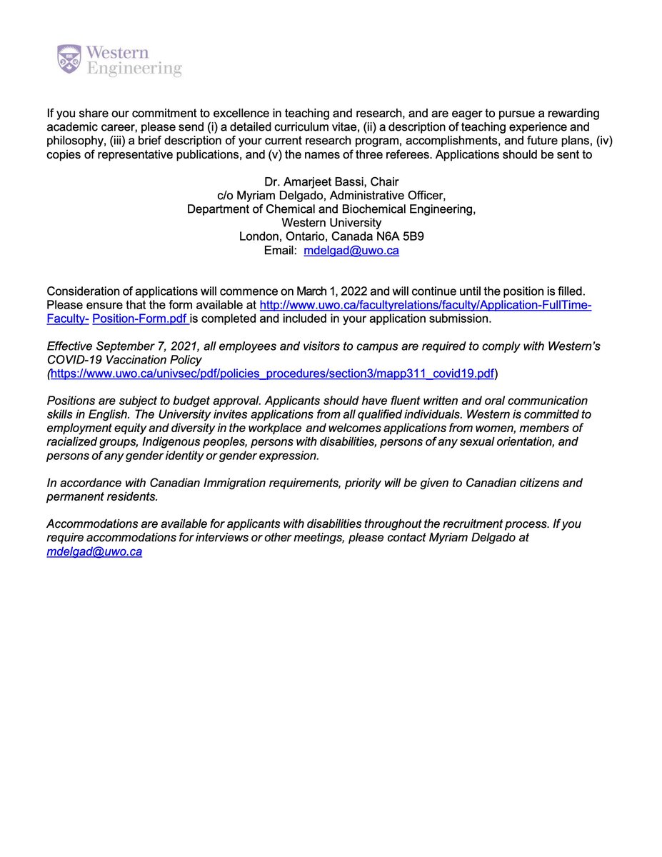 We are looking for a new faculty member at Western with expertise in AI for Chemical Engineering (diverse areas). Please apply if interested! Here is the ad: