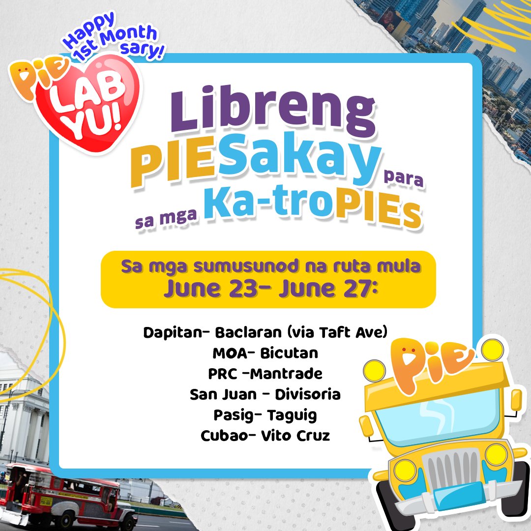 iampieofficial's tweet photo. Happy Monthsary mga ka-troPIE! Dahil labs na labs namin kayo, meron kaming Libreng PIESakay para sa inyo! 🥰

#PIEMonthsary https://t.co/MdPwIWsbiJ