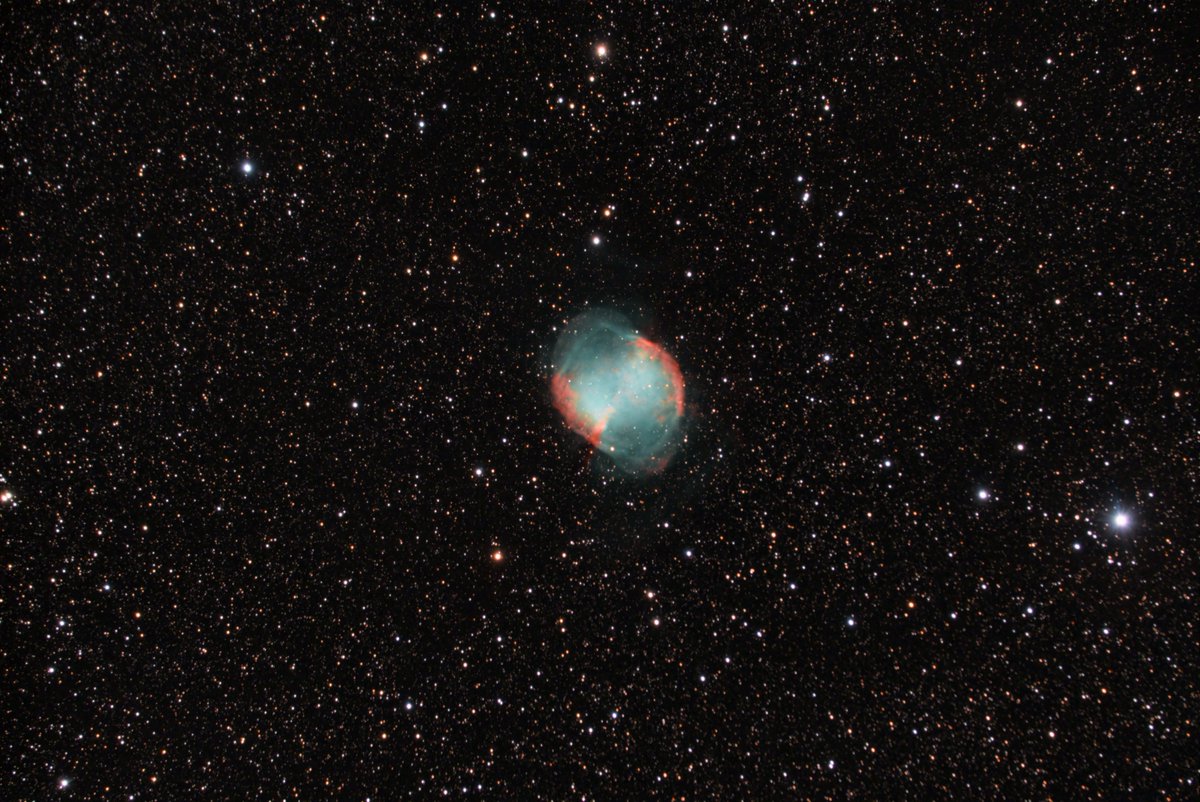 MathCancer's tweet photo. I also got some broadband data on #Messier27: the Dumbbell Nebula.
I have 3 hours slated to it tonight. I think I'll want to go back for dual narrowband to capture more detail.
🔭: @Celestron 8" EdgeHD
📷: @zwoasi asi2600mc with @Optolong_filter L-Pro
⏱️: 18 x 5 min https://t.co/a0zh71vRZx