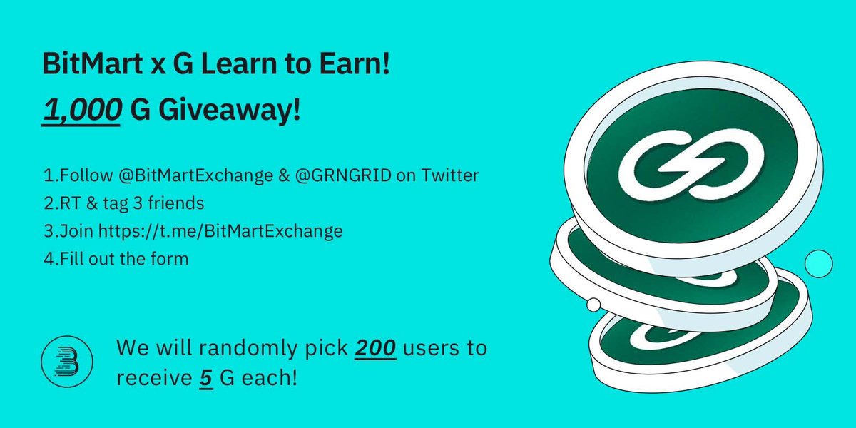 🚀To celebrate $G listing, join to win 1,000 G！
 
1⃣Follow <a href="/BitMartExchange/">BitMart</a> &amp; <a href="/GRNGRID/">g</a> 
2⃣RT &amp; tag 3 friends
3⃣Join t.me/BitMartExchange
4⃣Fill out forms.gle/tYBdnxfKFSHLiV…
 
💎200 lucky winners will receive 5 G each!
⏰By 11:59 PM EDT June 27