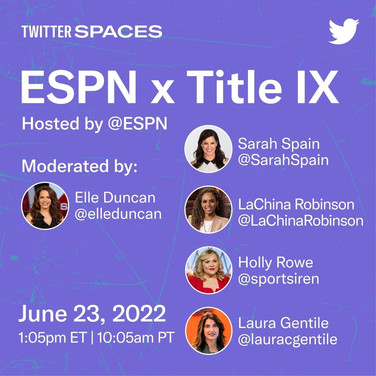 espn's tweet photo. We're celebrating the impact of Title IX on Twitter Spaces! Join our conversation today moderated by @ElleDuncanESPN, with panelists @SarahSpain, @sportsiren, @LaChinaRobinson and @LauraCGentile. #Fifty50 #TitleIX

🔈: https://t.co/ejQ69HGmJM https://t.co/mN8U1UARAa