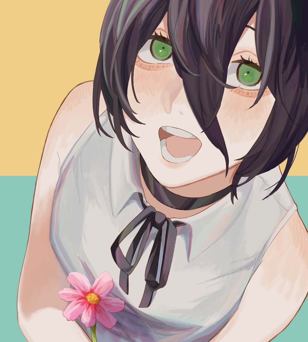 reze (chainsaw man) 1girl solo green eyes flower open mouth hair between eyes choker  illustration images