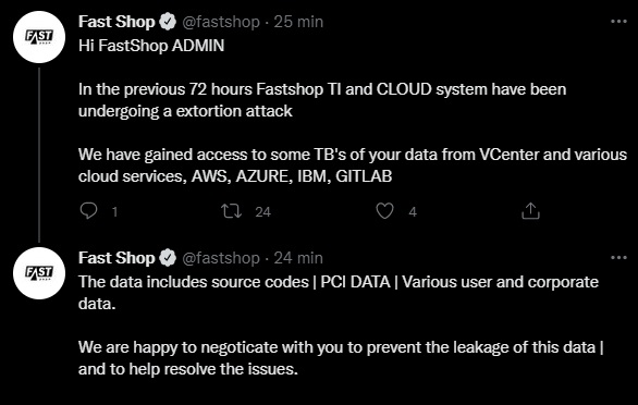 Fast Shop foi supostamente atacada ciberneticamente e sofre extorsão.  Serviços de nuvem como AWS, Azure, GitLab e IBM teriam sido acessados. Os dad