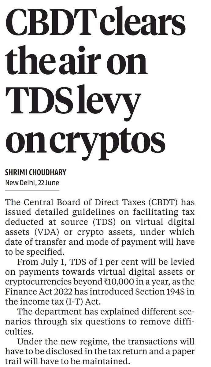 Here's some clarity on #TDS levy on #VirtualDigitalAssets (read: #Crypto). 

On a lighter note, with the current crash... are these still 'assets'? (BS)