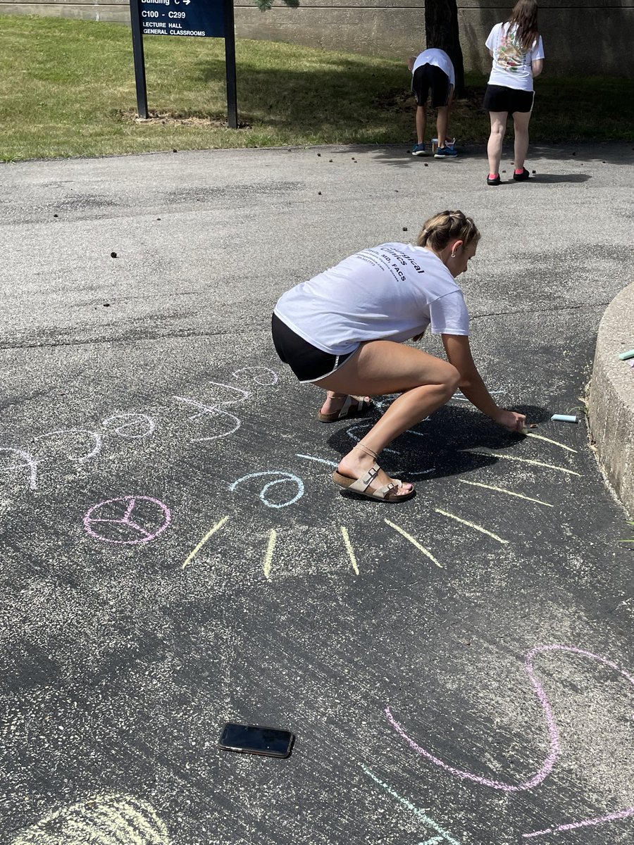 TrioMath's tweet photo. We shared a little positivity on campus before lunch!!! The students chalked the sidewalk with positive messages and art! 🌸 🌻🌈 https://t.co/LgtLlq5TCP