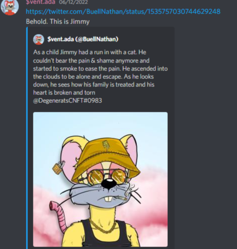 lilmoon143's tweet photo. @DegeneratsCNFT just recently concluded #lorecontest where collectors name and give a story to their beloved rats and here's entry number 1 from @BuellNathan https://t.co/Tu7lLPHTU4