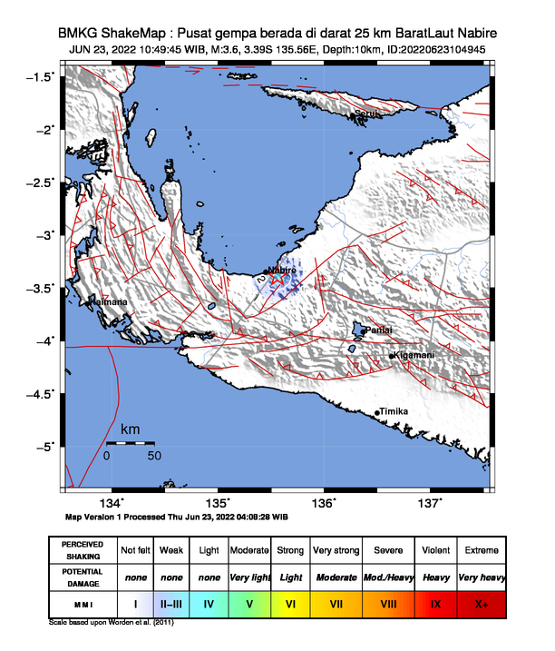 infoBMKG's tweet photo. #Gempa Mag:3.6, 23-Jun-22 10:49:45 WIB, Lok:3.39 LS, 135.56 BT (Pusat gempa berada di darat 25 km BaratLaut Nabire), Kedlmn:10 Km Dirasakan (MMI) II Nabire #BMKG https://t.co/01HBdKp2q3