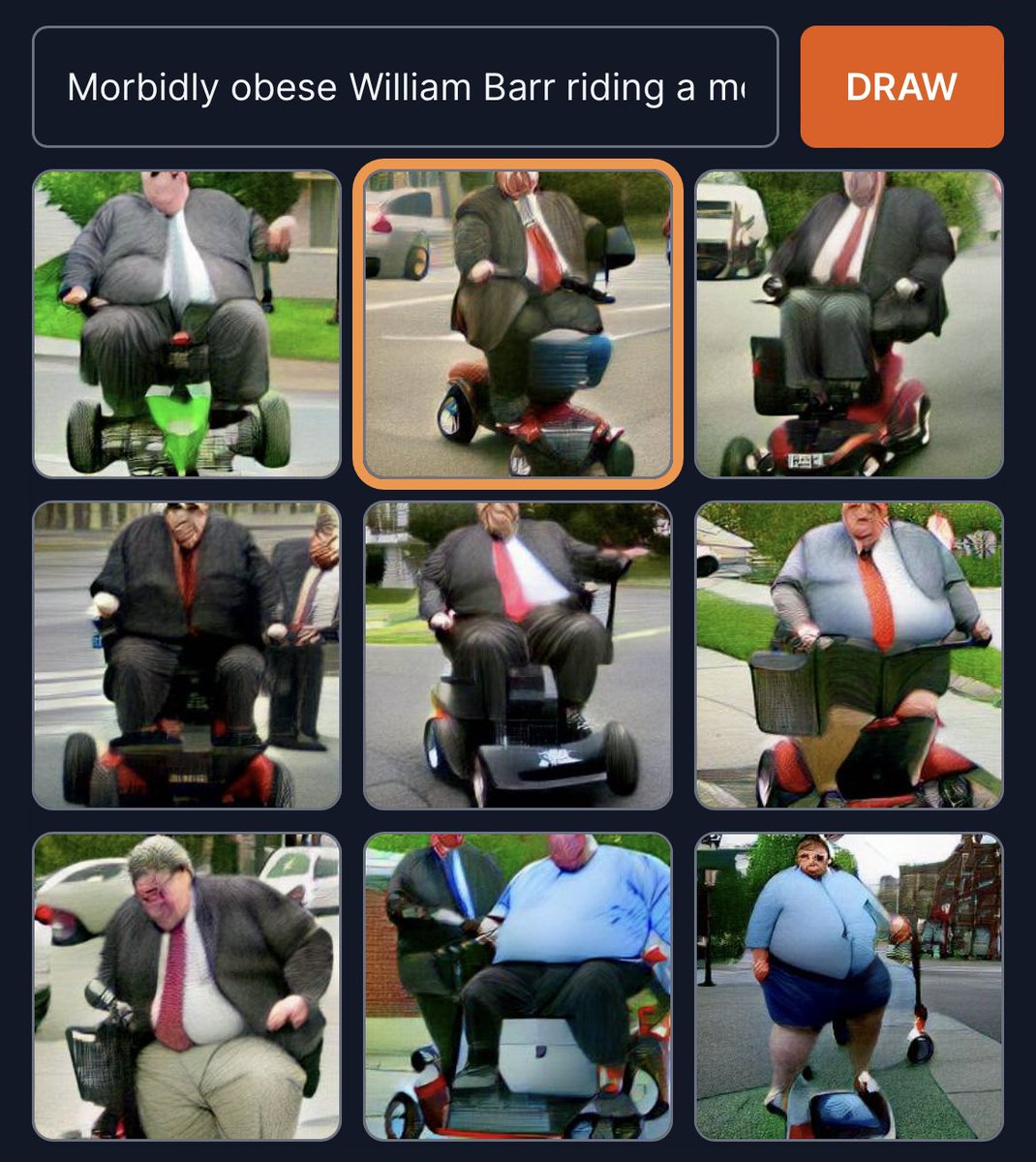 CursedDallEGens's tweet photo. Morbidly obese #BillBarr riding a mobility scooter. #dalle #dallemini #weirddalle #curseddalle #cursed https://t.co/hoeeePA3UA
