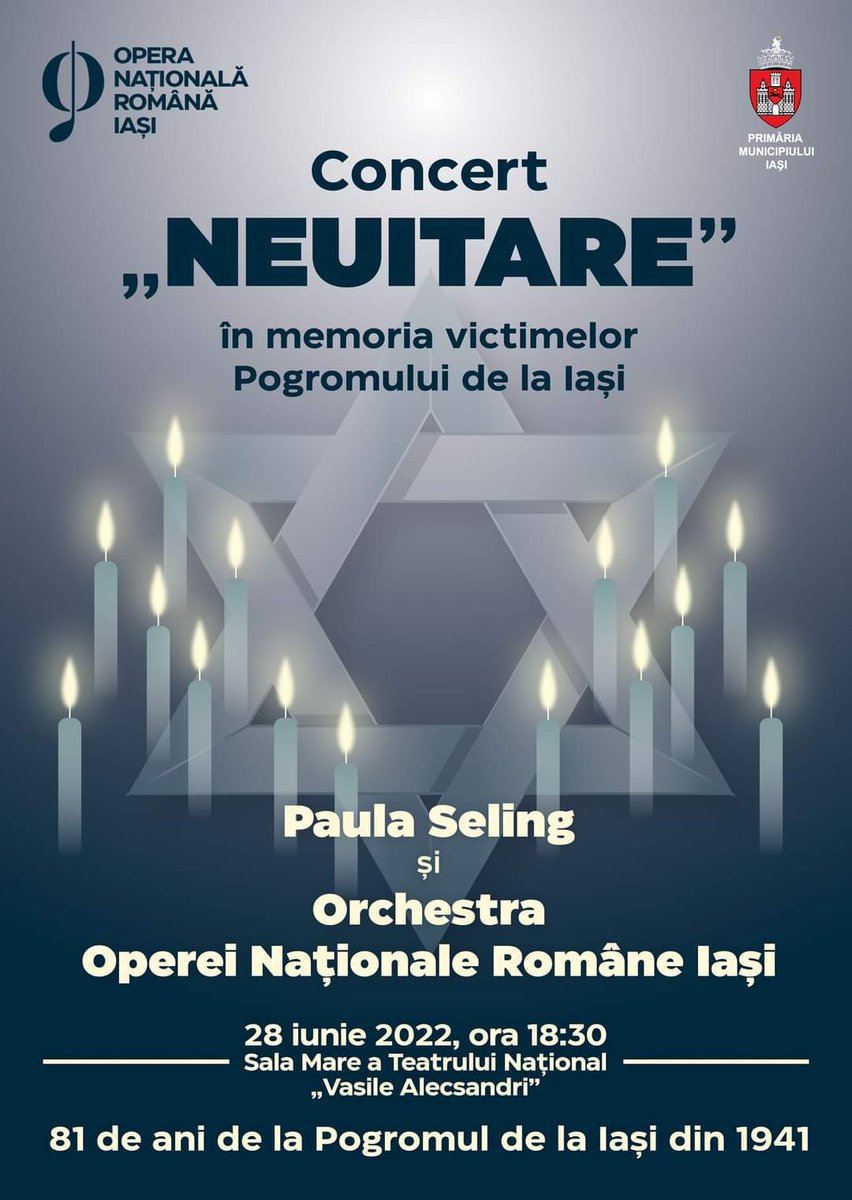 La 81 de ani de la una dintre cele mai negre și violente pagini din istoria României, Pogromul de la Iași, vă invit la un concert eveniment dedicat comemorării, cinstirii victimelor și aducerii aminte, în parteneriat cu Primăria Municipiului Iași.