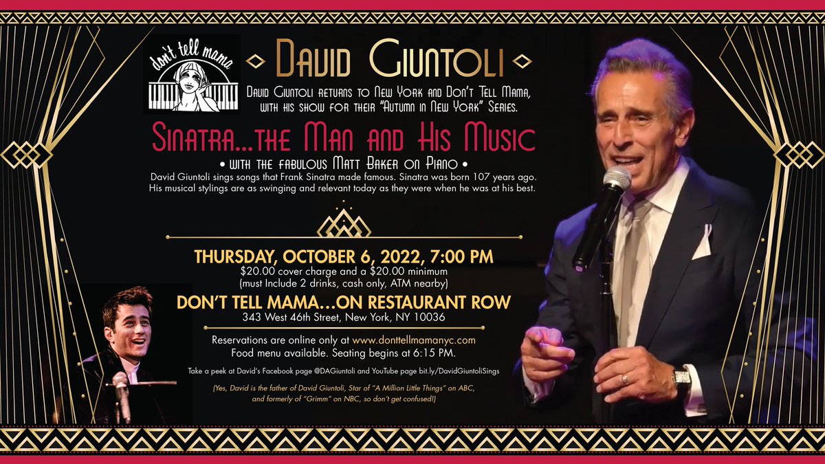 Hey New York friends…check out my New Sinatra show October 6th with the fabulous Matt Baker on piano🎶👏🎹 at Don’t Tell Mama