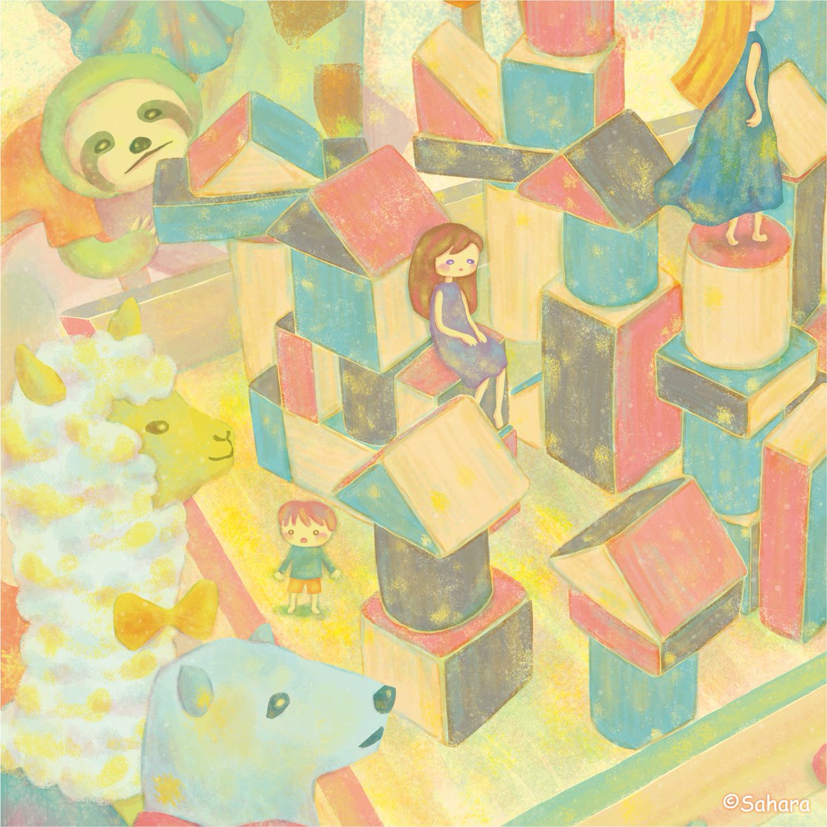 saha_shr's tweet photo. Gallery IYN様(@artandselection)主催のMESSAGE展vol.1にて作品を展示販売させていただいております。
【積み重ね】
努力の「積み重ね」と積み木を「積み重ねる」をかけて描きました。周りを囲む動物達は支えてくれる何か（人や物）を表現しています。
どうぞよろしくお願いします！
#MESSAGE展 #iyn https://t.co/NmBbjx1mlw