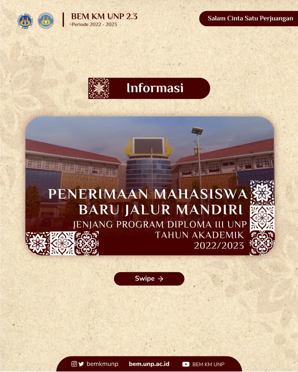 bemkmunp's tweet photo. [PENERIMAAN MAHASISWA BARU JALUR MANDIRI JENJANG PROGRAM DIPLOMA III UNP TAHUN AKADEMIK 2022/2023]
.
Salam Cinta Satu Perjuangan.
HIDUP MAHASISWA!! ✊🏻
.
Presma: Irwandi
Wapresma: Ilham Syahputra 
.
Find us
👇🏻
Web: https://t.co/eaKgdMABfK
IG&amp; Twitter: bemkmunp
Twitter: bemkmunp https://t.co/7VweACxZpa