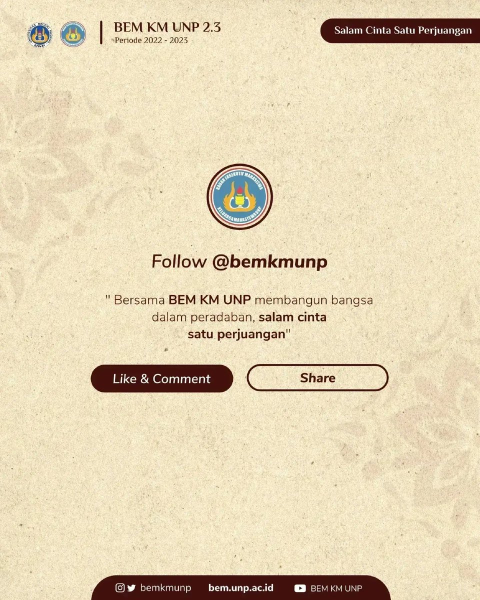 bemkmunp's tweet photo. [PENERIMAAN MAHASISWA BARU JALUR MANDIRI JENJANG PROGRAM DIPLOMA III UNP TAHUN AKADEMIK 2022/2023]
.
Salam Cinta Satu Perjuangan.
HIDUP MAHASISWA!! ✊🏻
.
Presma: Irwandi
Wapresma: Ilham Syahputra 
.
Find us
👇🏻
Web: https://t.co/eaKgdMABfK
IG&amp; Twitter: bemkmunp
Twitter: bemkmunp https://t.co/7VweACxZpa
