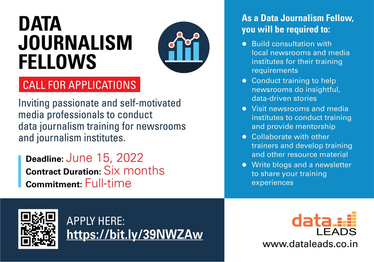 data_LEADS's tweet photo. #hiringalert #jobalert #hiringforjob
Applications for Data Journalism Fellows will close on June 25 ๐
Apply Now ๐ https://t.co/ndcFAxHTva
#datajournalism #fellowship #jobalert #training #newsroom #institutes #data #experts #mediaprofessionals #datajournalist #hiringnearme https://t.co/28xsBHTpIS