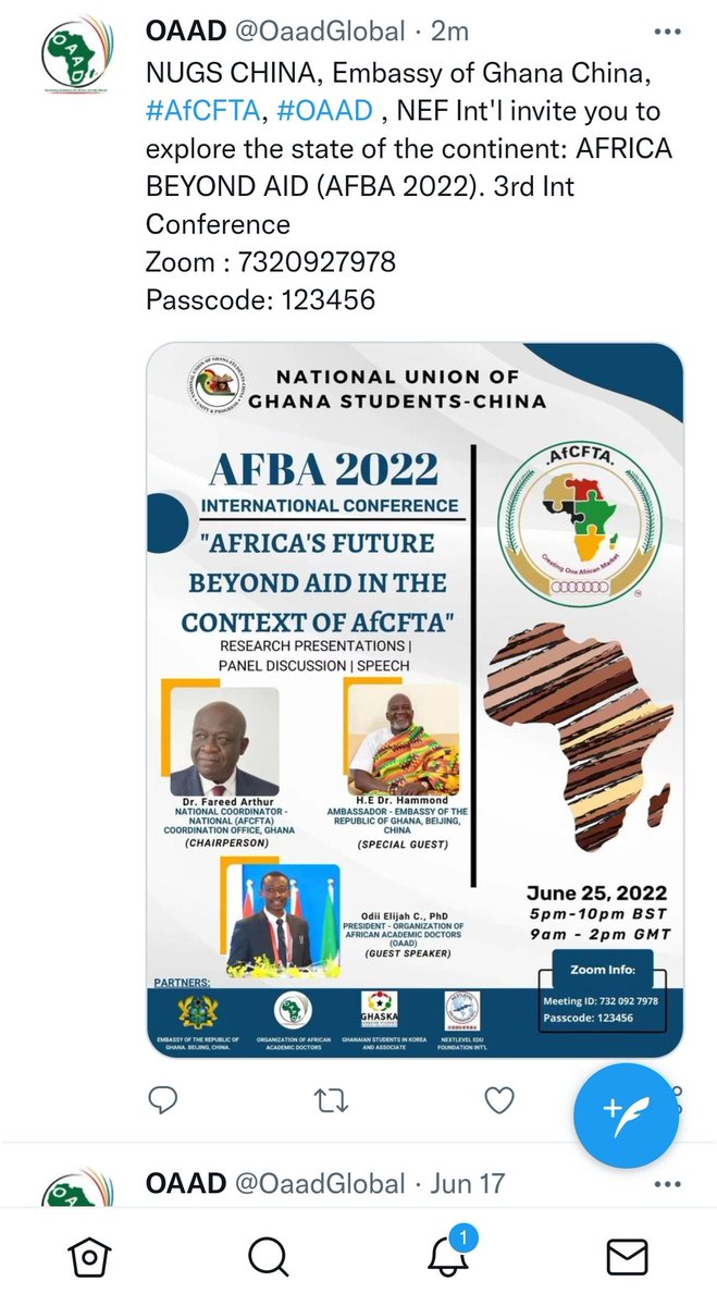 OdiiMyNeighbour's tweet image. NUGS CHINA, Embassy of Ghana China, #AfCFTA, #OAAD , NEF Int'l invite you to explore the state of the continent: AFRICA BEYOND AID (AFBA 2022). 3rd Int Conference
Zoom : 7320927978
Passcode: 123456