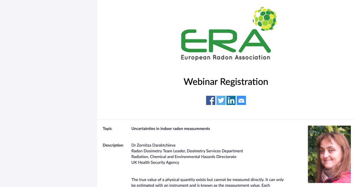 The <a href="/RadonEurope/">European Radon Assoc</a> organises a webinar on "Uncertainties in indoor radon measurements". 

The speaker is Dr. Dr Zornitza Daraktchieva (UKHSA). 

When? Jul 6, 2022, 11:00 AM (Brussels time). 

You can register for free here: 

us06web.zoom.us/webinar/regist…