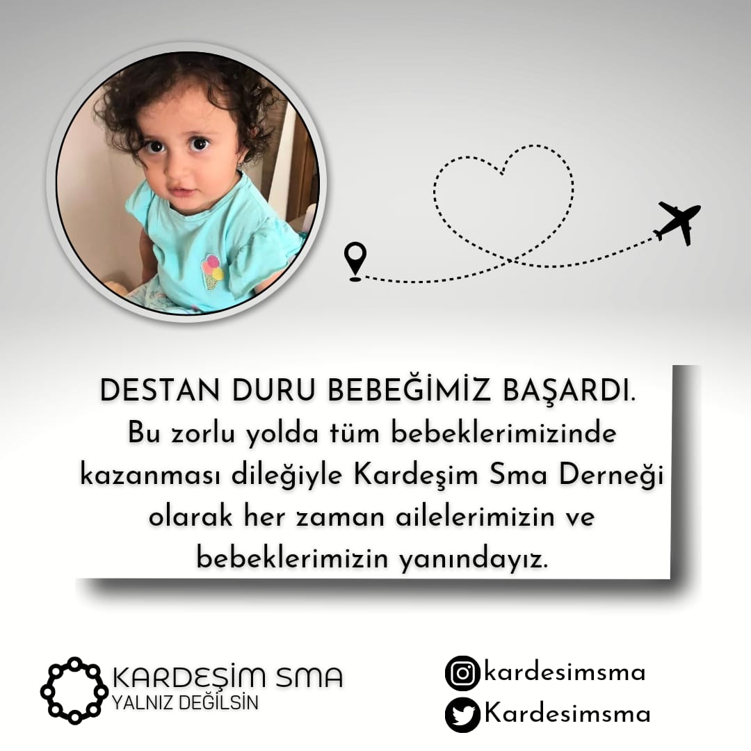 DESTAN DURU BEBEĞİMİZ BAŞARDI.

Bu zorlu yolda tüm bebeklerimizinde kazanması dileğiyle Kardeşim Sma Derneği olarak her zaman ailelerimizin ve bebeklerimizin yanındayız.
