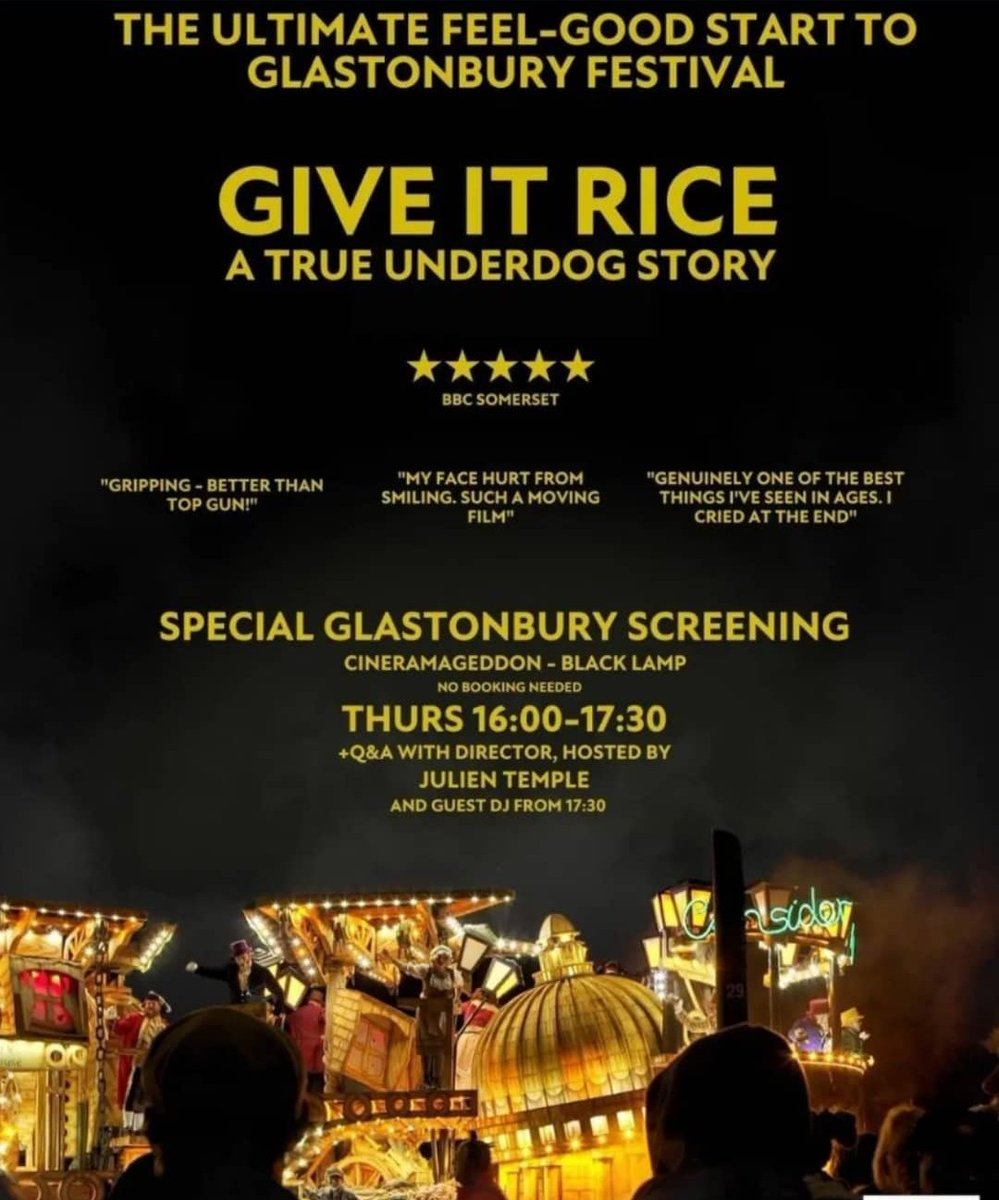 Marketeers CC (@marketeerscc) on Twitter photo Today's the day.
See you all you <a href="/glastonbury/">Glastonbury Festival</a> goers in <a href="/cineramageddon/">Cineramageddon</a> at 4pm.
#GiveItRiceFilm Today's the day.
See you all you <a href="/glastonbury/">Glastonbury Festival</a> goers in <a href="/cineramageddon/">Cineramageddon</a> at 4pm.
#GiveItRiceFilm