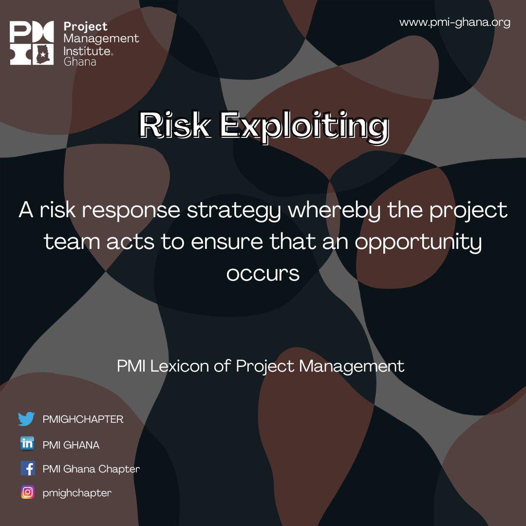 PMIGHChapter's tweet photo. #EduThursday: Risk Exploiting
Know PMI Lexicons, and use them right!
#MasterProjectManagement #OwnYourProject #LearningTogether #GrowingTogether #PMI #PMIGhana #PMIGh #PMP #Lexicon #PMLexicon #NPMCnPMEA22 https://t.co/19bjugmVcF