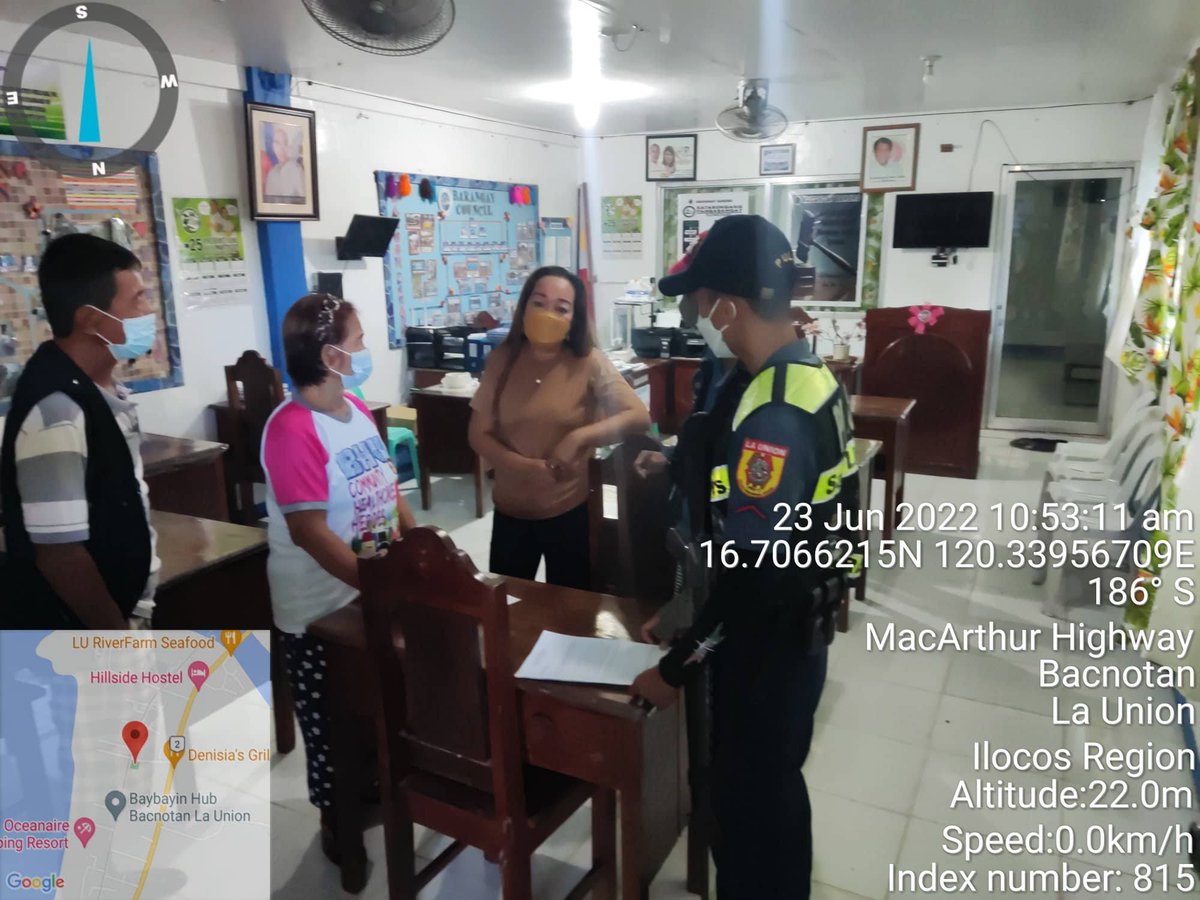 LUPPO_Bacnotan's tweet photo. On June 23, 2022, personnel of Bacnotan PS  conducted barangay visitation at Brgy, Baroro, Bacnotan, La Union and had dialogue with the duty Brgy Officials regarding Crime prevention tips and anti-terrorism campaign of PNP.
#TeamPNP
#PNPKakampiMO
#WeServeandProtect https://t.co/yGF8sGqS13